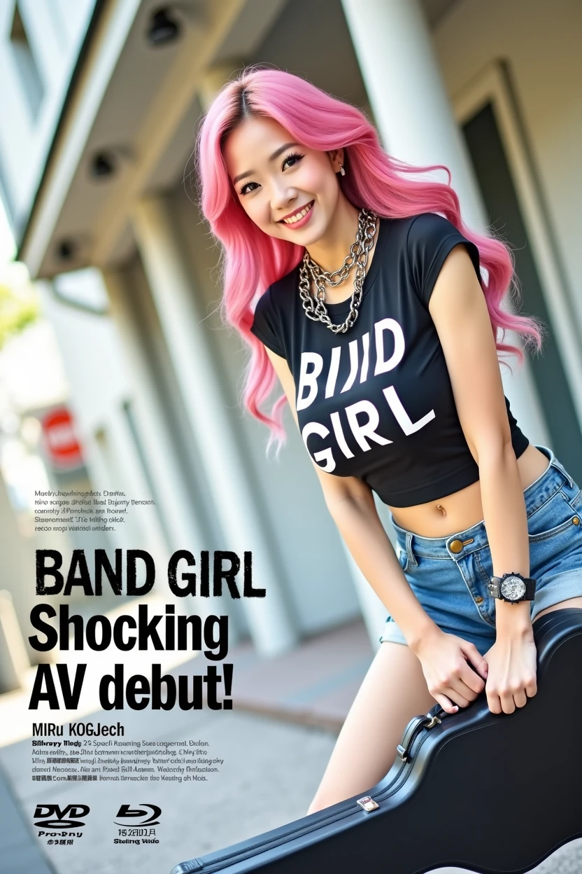((((Woman's ridiculously large breasts change, slender curves, big , big breasts, big , super beautiful woman, whip-smacking body)))), adult video poster layout, text on screen: "BAND GIRL Shocking AV debut!! ★ MIRU KOGURE ",(((Japanese woman with large black guitar case)))), 26 year old adult woman wearing black crew neck top with large English letters on her chest and short blue jeans posing for a photo shoot, big breasted female porn actor, dynamic pose, rock music magazine model pose,. Japanese female fashion model, (((very bright pink hair))), happy expression, thick chain accessories on neck and arms, (((in front of Asakusa strip theater))), pure beautiful smile, intelligent face, slender curves, large breasts, wearing black t-shirt, small leather jacket Wearing black T-shirt, very small leather jacket, denim shorts, (((extreme low angle))), null, Bill, holding black guitar case with guitar strap, (((DVD mark, Blu-ray mark))).