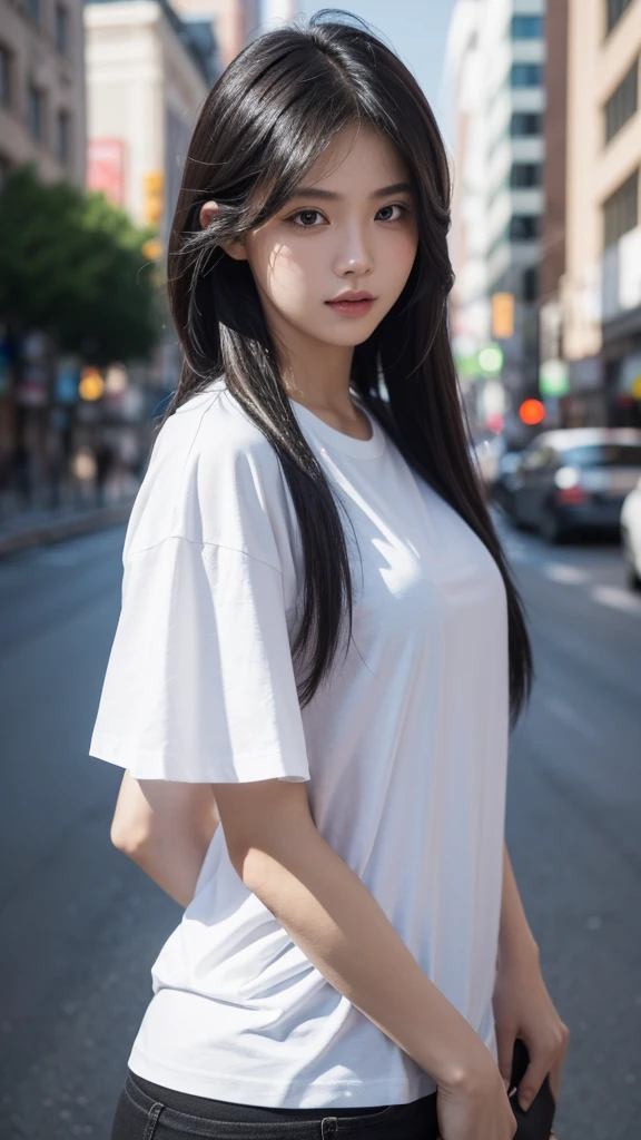 1girl, solo, masterpiece, best quality, highres, extremely detailed 8K wallpaper, shaved mullet, black white t-shirt, city 