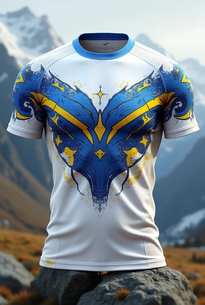  a white sweden shirt with blue and yellow details with a viking theme