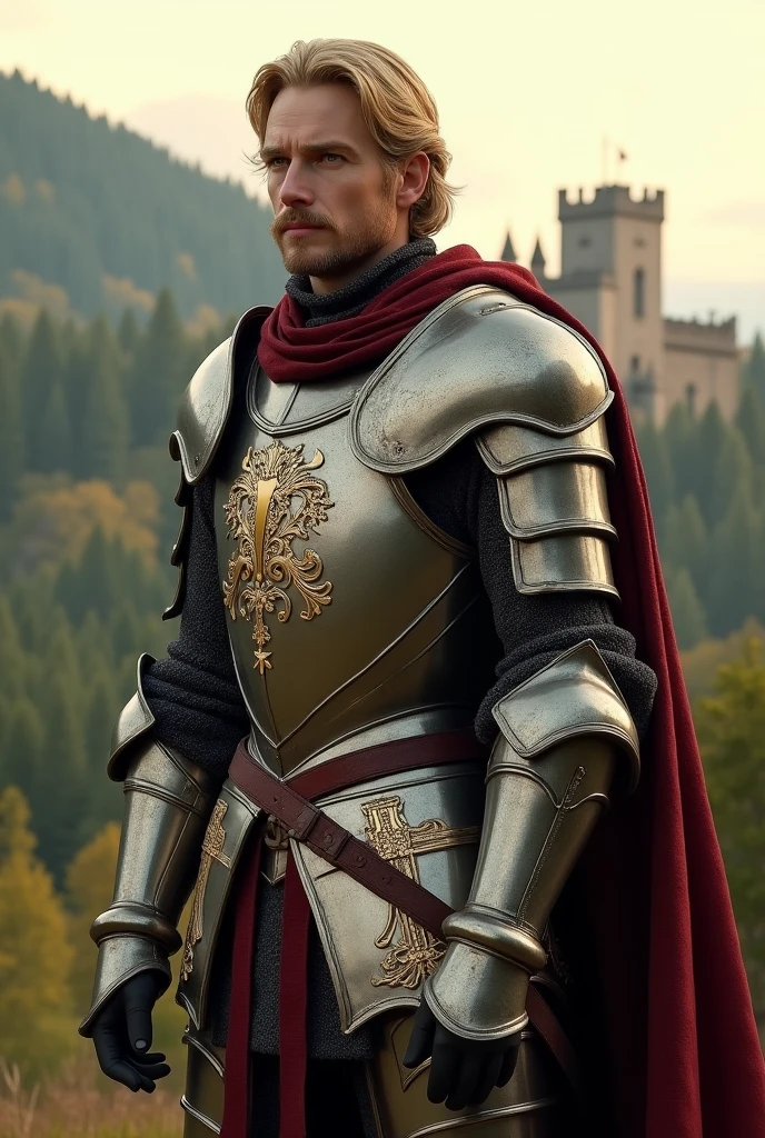 A blond man with hair that reaches his eyes, eyes browns, a mustache curled at the end and a small goatee and medieval armor