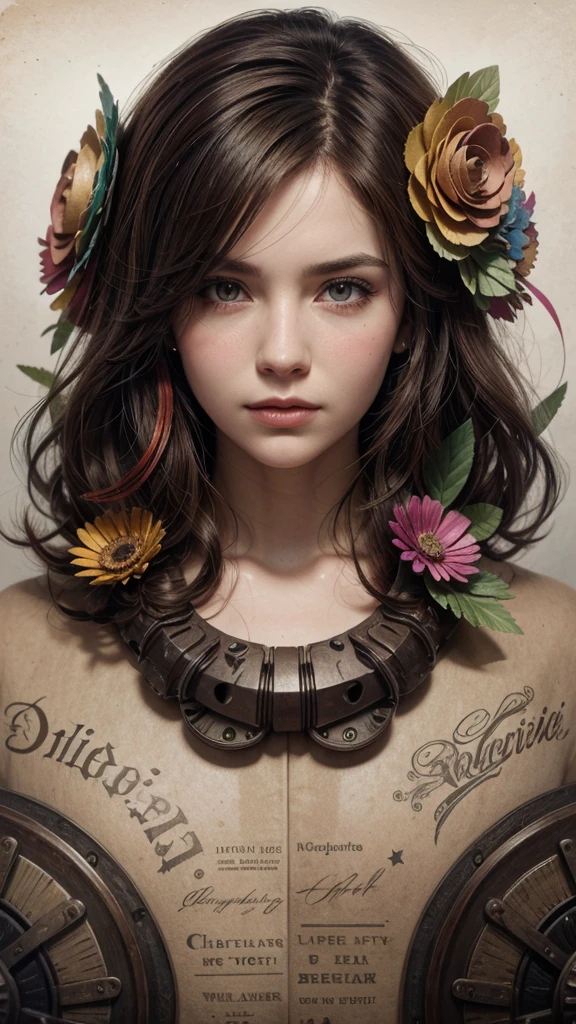 Charlie Bowater realistic lithograph sketch portrait of a woman, flores, [gears], pipeline, dieselpunk, multicoloured ribbons, old paper texture, Very detailed