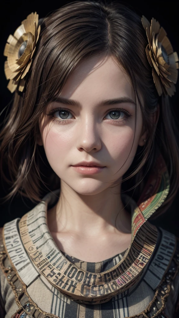 Charlie Bowater realistic lithograph sketch portrait of a woman, flores, [gears], pipeline, dieselpunk, multicoloured ribbons, old paper texture, Very detailed