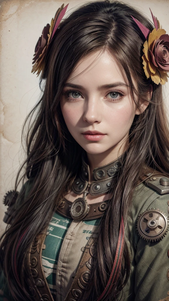 Charlie Bowater realistic lithograph sketch portrait of a woman, flores, [gears], pipeline, dieselpunk, multicoloured ribbons, old paper texture, Very detailed