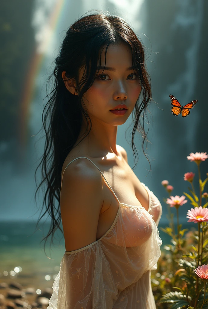 (((Full body image of a woman))),(Model shooting style), (shy), 1 girl, Lonely, Shiny black hair、 Extremely rich facial detail, Beautiful Eyes, cute, Slightly red cheeks，bright, Lonely Eyes, Stunning beauty, (Rembrandt Lighting), ARRI Lenses, Surreal, (Skin with attention to detail:1.2),4K,ARRI ALEXA LF,Promise, Dramatic Rim Light,Sparkle Effect, high quality,Very delicate and beautiful, wonderful, In detail, masterpiece, Very detailed, High resolution,Best Shot, (((Best Shadow))),Exquisite contrast,Complex,Sharp focus, high quality, 1 Japan woman, alone.cute,Fuka Koshiba,Yuki Sakurai,Magnificent waterfalls,(water droplets,rainbow）,Mist-like droplets,Wet,Lens flare,No sleeve,Frills,Beautiful breasts,Swallowtail butterfly,A butterfly flutters,Cool eyes,Glossy Lips,An ennui smile,Glowing Skin,Transparent skin,From above,((Open your arms)),Waistline,Beautiful nipples,((No shirt, Very good, Naked underneath, Bare chest, Barely covering her nipples)),((Wet, Her clothes are transparent, Her body and skin sweat)),((View from the rear, From above見た図, Bare back)),Bloom, Flowers are blooming everywhere,Front blur,ARRI 35mm Lens flare,Sparkling Eyes,Vivid Rouge,Front lighting