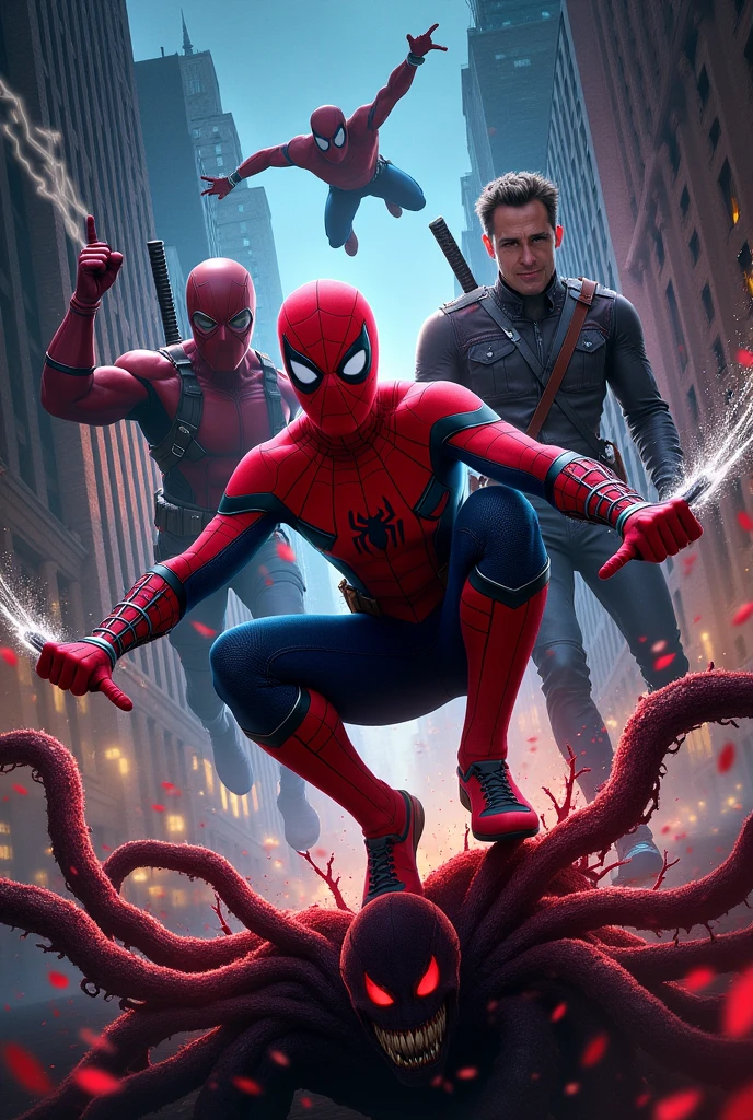 Generate Movie Poster of Marvel Studios Team Red with Spider Man(Tom Holland), Deadpool(Ryan Reynolds), Daredevil(Charlie Cox), Red Hulk/Thunderbolt Ross (Harrison Ford) and Carnage (Woody Harrelson)