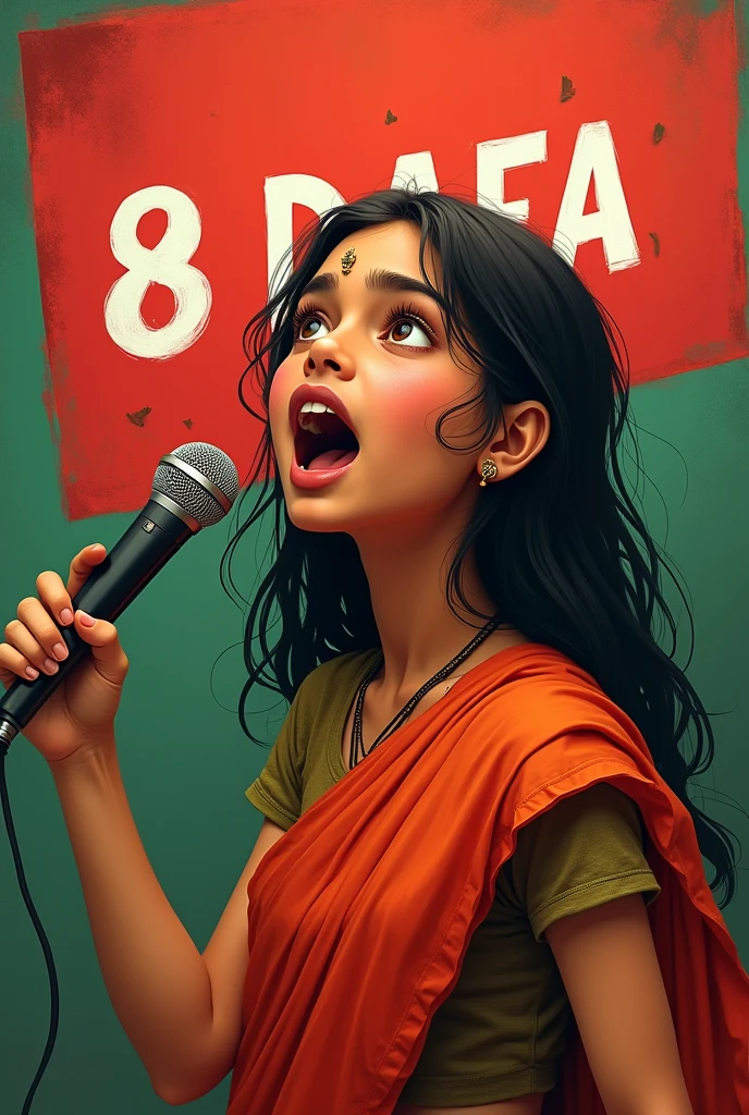 A Bangladeshi pretty Hindu girl student agitator raises 8 point demands. Background will be red green. "8 DAFA" must written on image.
