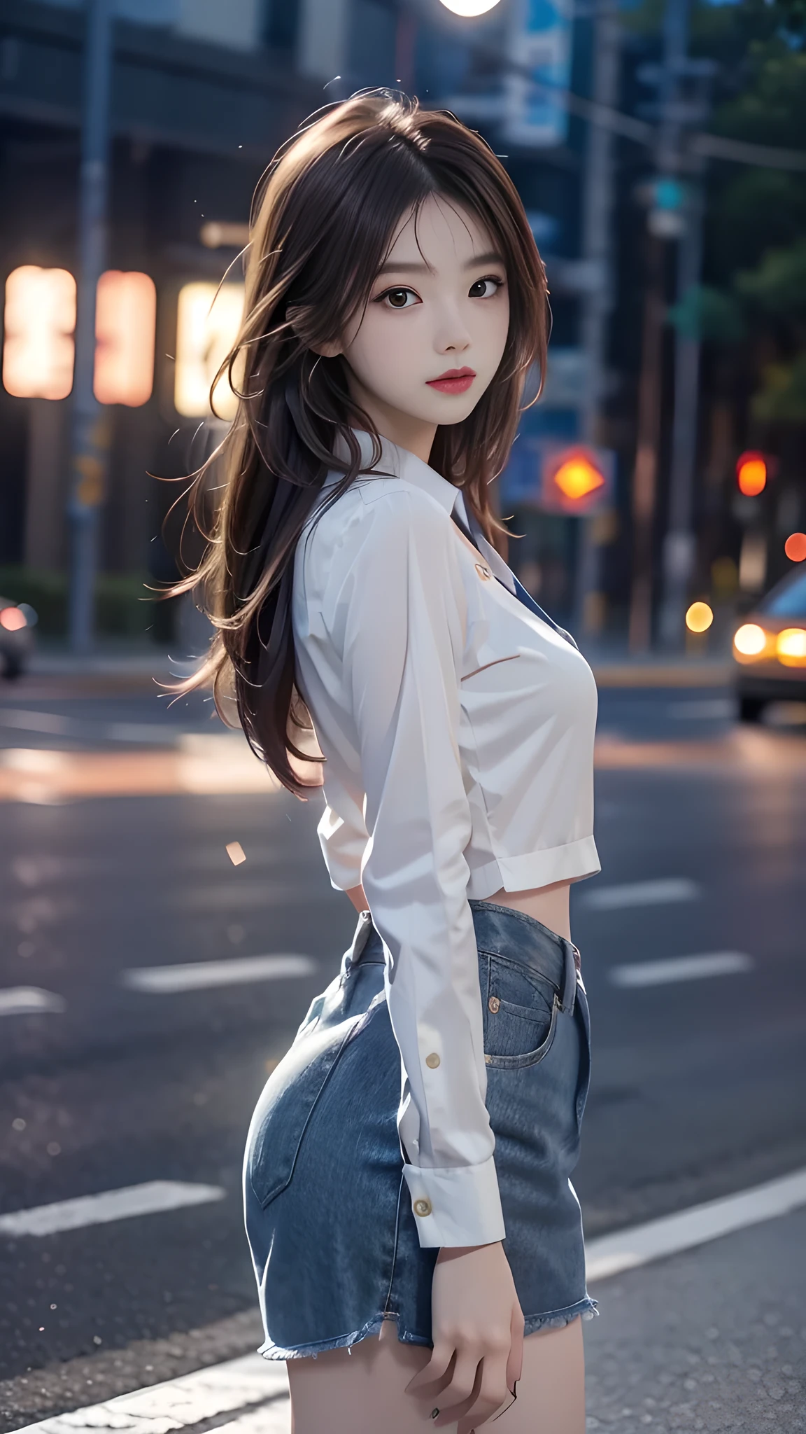 ulzzang-6500-v1.1, (RAW photo: 1.2), (Real photo), (Real photo: 1.4), 1 girl、Perfect anatomy、19 years old、Looking at the camera、Medium length hair, On the highway, the road is empty, the sky is at dusk and the moon and stars have begun to appear, ((on the highway: 1.1)), (clothes: 1.2), (Business service)、Asian eyes Ella,