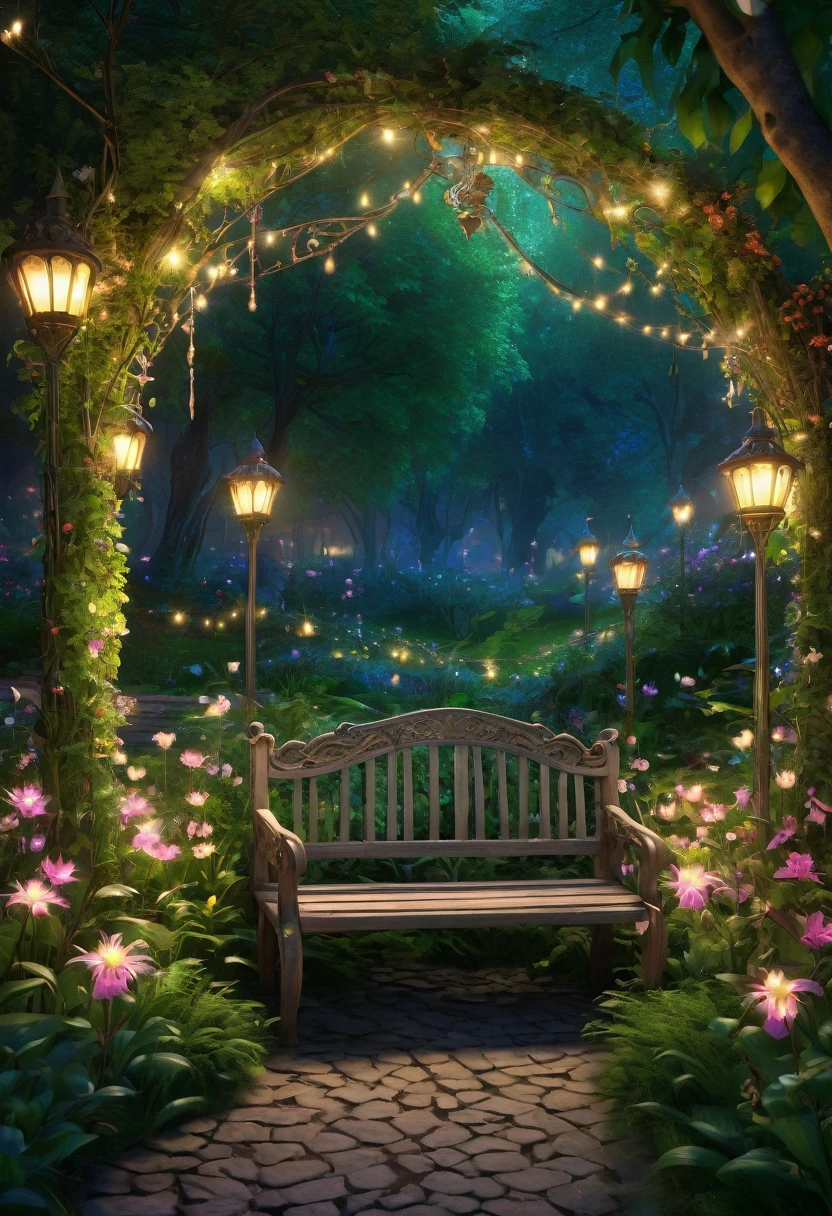 there is a bench in the middle of a park with lights on, magical environment, magical atmosphere, beautiful ambience, fairy tale place, beautiful ambiance, magical area, cosy enchanted scene, very magical and dreamy, photograph of enchanted garden, evening ambience, dreamy atmosphere, enchanted magical fantasy forest, enchanted garden, beautiful render of a fairytale