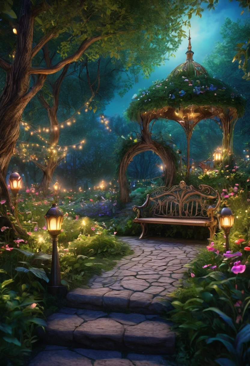 there is a bench in the middle of a park with lights on, magical environment, magical atmosphere, beautiful ambience, fairy tale place, beautiful ambiance, magical area, cosy enchanted scene, very magical and dreamy, photograph of enchanted garden, evening ambience, dreamy atmosphere, enchanted magical fantasy forest, enchanted garden, beautiful render of a fairytale