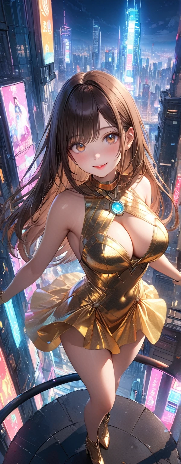 Straight Hair、Brown Hair,((Highly detailed golden sexy dress)), Looks about , (beautiful girl: 1.3),1girl,Highest quality,8k,Highly detailed CG unit wallpaper,masterpiece:1.2,Highest quality,Ultra-high resolution,RAW Photos,Realistic textured skin,Cinema Lighting,happy,Big eyes,Detailed eyes,Glossy lipstick,Perfect Makeup,Ultra-high definition beauty face,Huge building,Metropolis,voluptuous,(Big, round and beautifully shaped butt),(Standing on the rooftop of a skyscraper in Cyber City),(Panoramic View),night,Detailed neon lights,time hourglass