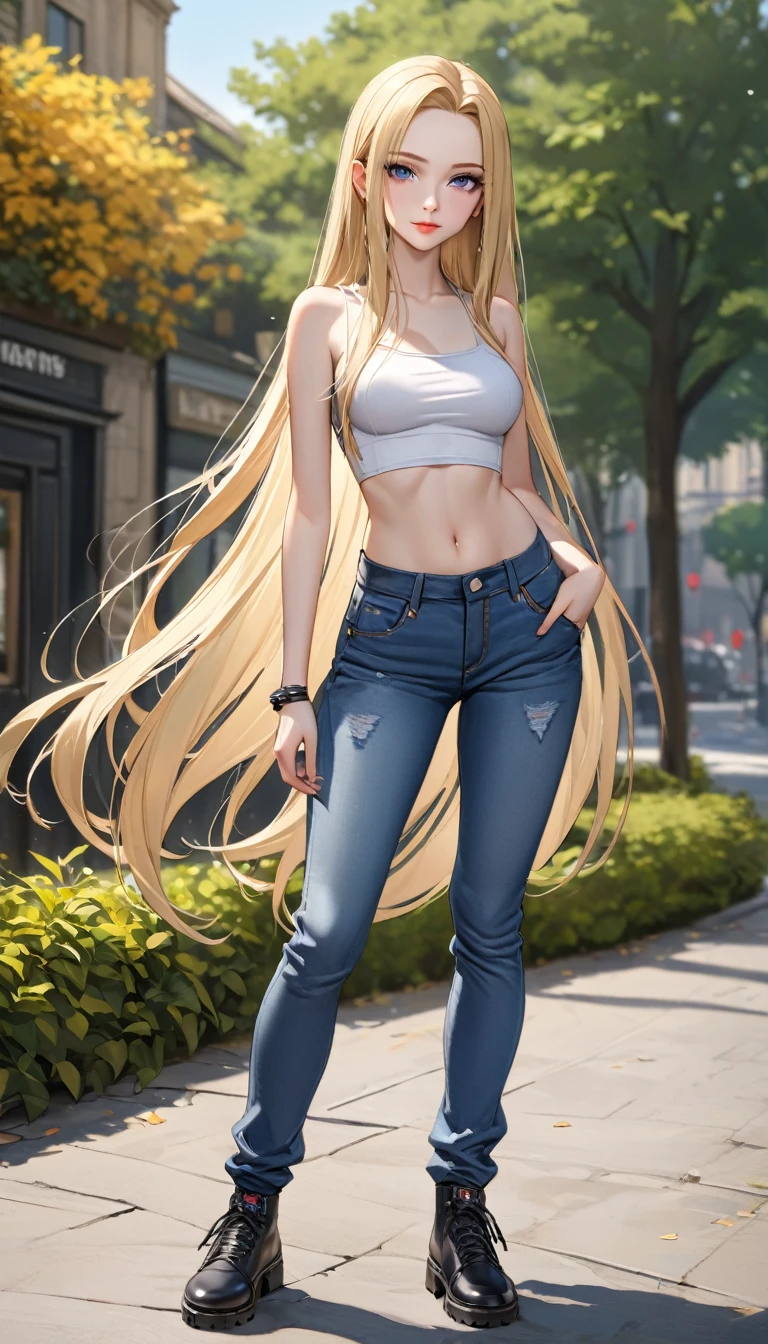 ((best quality, masterpiece:1.3, 8K)), (detailed), highly detailed face and skin texture, detailed eyes, full body, outdoor, (slender body:1.1), 1girl, (solo), (??? years old), white skin, bright lips, seductive smile, long hair, forehead, blonde hair, straight hair, edgy outfit, medium breast, (jeans pants),