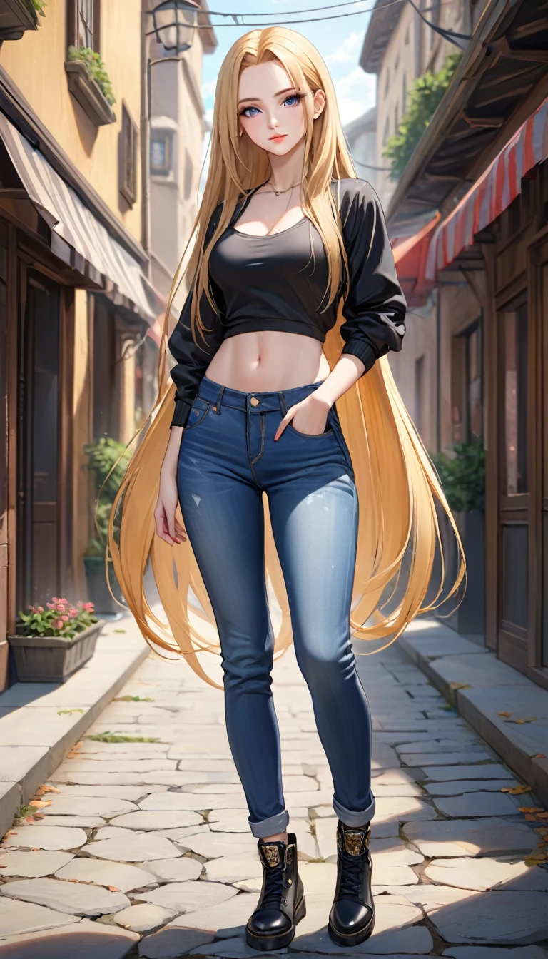 ((best quality, masterpiece:1.3, 8K)), (detailed), highly detailed face and skin texture, detailed eyes, full body, outdoor, (slender body:1.1), 1girl, (solo), (18+ years old), white skin, bright lips, seductive smile, long hair, forehead, blonde hair, straight hair, edgy outfit, medium breast, (jeans pants),