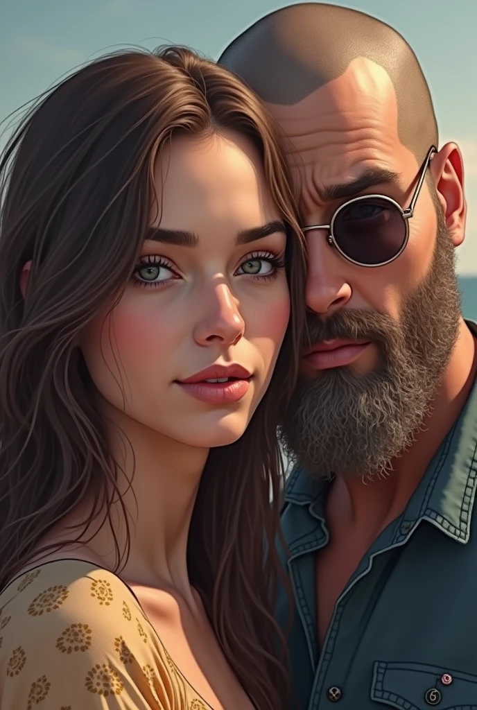 1 female、2 men、Woman with long hair and thin eyes、Tall bearded man with glasses、Shaved head and sunglasses、Bearded Man