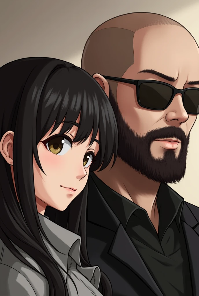 1 female、2 men、Woman with long hair and thin eyes、Tall bearded man with glasses、Shaved head and sunglasses、Bearded Man
