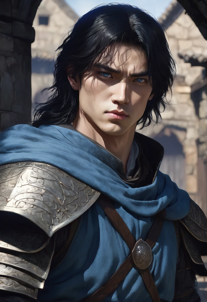 1 man, background is a medieval training camp, muscular male body, wearing a medieval training outfit, eyelidless eyes, detailed facial features, male blue eyes, no beard, Korean slanted eyes, detailed fair skin, long black hair, dramatic lighting, cinematic composition, dark gloomy palette, dark colors, atmospheric haze, thin chin, serious face, strong and handsome man, adult man, far away image, ultra realistic, 25 years old (best quality, 4K, 8K, Hi-Res, Art: 1.2), ultra detailed (realistic, photorealistic, photorealistic: 1.37)