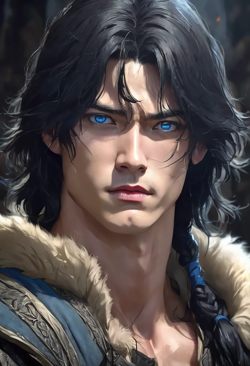 1 man, background is a medieval training camp, muscular male body, wearing a medieval training outfit, eyelidless eyes, detailed facial features, male blue eyes, no beard, Korean slanted eyes, detailed fair skin, long black hair, dramatic lighting, cinematic composition, dark gloomy palette, dark colors, atmospheric haze, thin chin, serious face, strong and handsome man, adult man, far away image, ultra realistic, 25 years old (best quality, 4K, 8K, Hi-Res, Art: 1.2), ultra detailed (realistic, photorealistic, photorealistic: 1.37)
