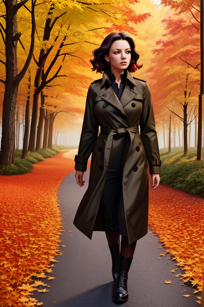 (Black Trench Coat), Oil painting style, a person wearing a black windbreaker is strolling in the maple forest, surrounded by scattered maple leaves falling on the path, forming a carpet interwoven with golden and fiery red. The windbreaker contrasts sharply with the surrounding environment, (Photography), panoramic view, award-winning, cinematic still, emotional, vignette, dynamic, vivid, (masterpiece, best quality, Professional, perfect composition, very aesthetic, absurdres, ultra-detailed, intricate details:1.3)
