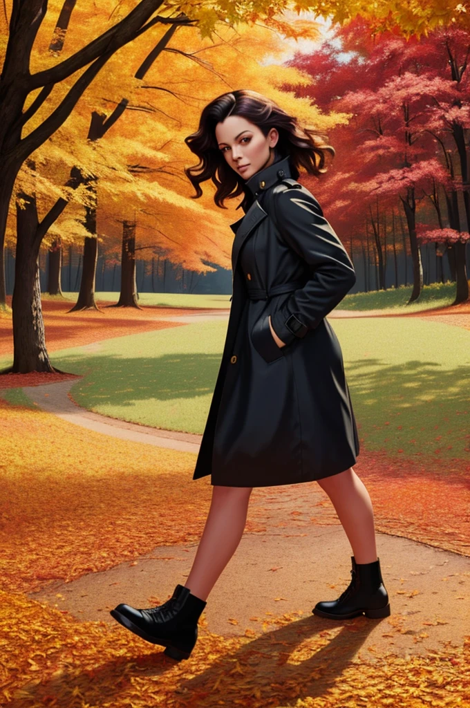 (Black Trench Coat), Oil painting style, a person wearing a black windbreaker is strolling in the maple forest, surrounded by scattered maple leaves falling on the path, forming a carpet interwoven with golden and fiery red. The windbreaker contrasts sharply with the surrounding environment, (Photography), panoramic view, award-winning, cinematic still, emotional, vignette, dynamic, vivid, (masterpiece, best quality, Professional, perfect composition, very aesthetic, absurdres, ultra-detailed, intricate details:1.3)