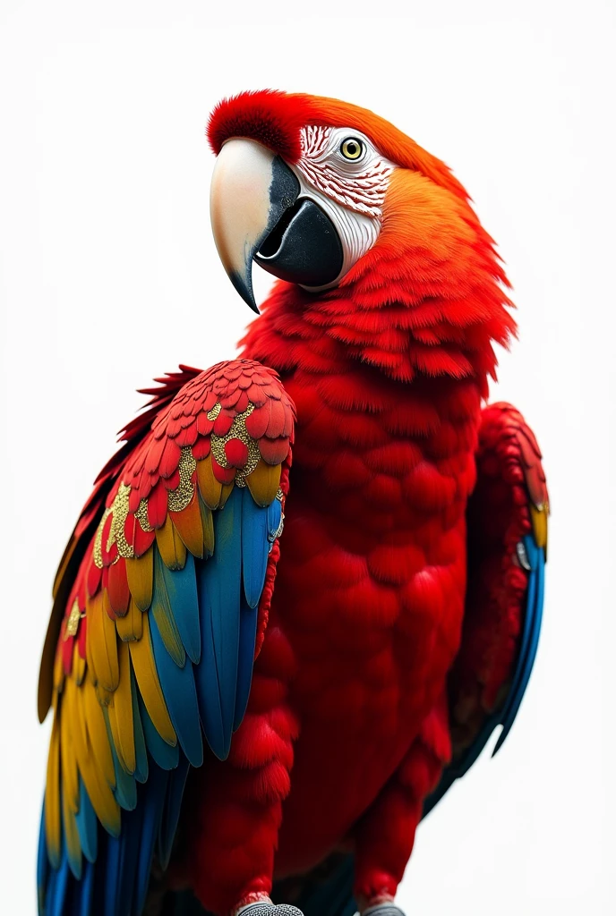 Red macaw with gold details on white background 
