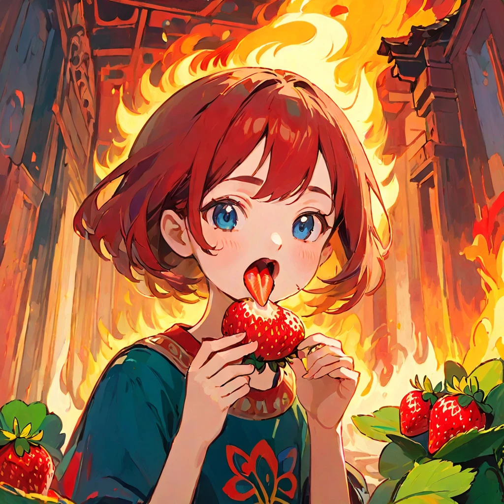 Girl eating strawberries, Amy Earls, abstract expressionism, Looks boring, gesture, Whimsical、Deformation、Burning temple background