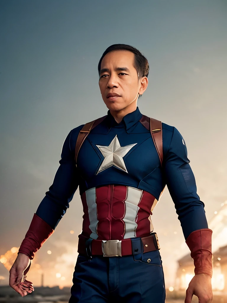 4k, best quality, Masterpiece, Ultra high resolution, beautiful light, (realistic, photo-realistic:1.4), realistic background, Jokowi, 1 person, 50 years old, Wear the superhero Captain America costume with a concave disk., Long shot, Detailed professional photos of amazing men., Lightning in the cinema, Octane rendering, unreal engine, Volume dtx