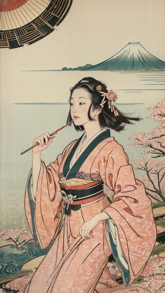 (background:Cherry blossoms on the mountain are covered with mist)((Ukiyo-e))japanese art,or period,tokyo art, lily,Natural landscape.(masseter membrane、top quality、Ukiyo-e style、mystery、Exquisite and beautiful、official art、Sharaku:1.2)、(1 japanese girl in:1.3)、(fractal art:1.3)、cowboy shooting、White skin、(beautiful brunette、kimono:1.2)、With Japanese traditional performing arts as the background、colorful、(reel、Belongs to Japanese style:1.2)、