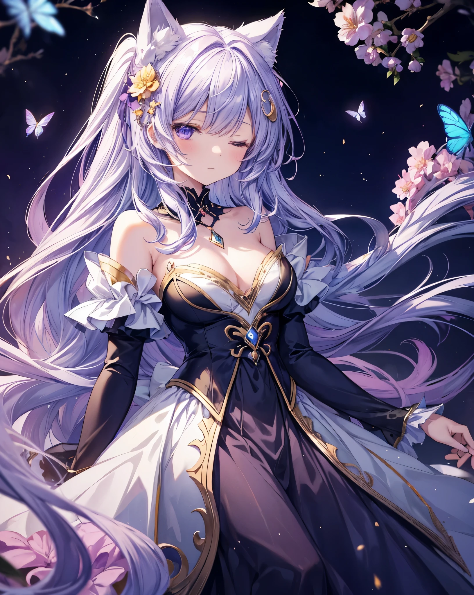 Anime-style of seraphina, the Dream Keeper. She is a cat girl with neko ears, with ethereal blue hair with golden highlights, reminiscent of twilight. Her eyes are closed. She wears a light, flowing lavender dress with golden star-like details. Her cat ears are purple with golden tips, and she has a crescent moon pendant around her neck. Seraphina is surrounded by rainbow glowing butterflies that follow her wherever she goes. The background is a dreamy, surreal scenery landscape with soft, pastel colors, evoking a sense of tranquility and magic. Bare shoulders. Cute face, she is sleeping