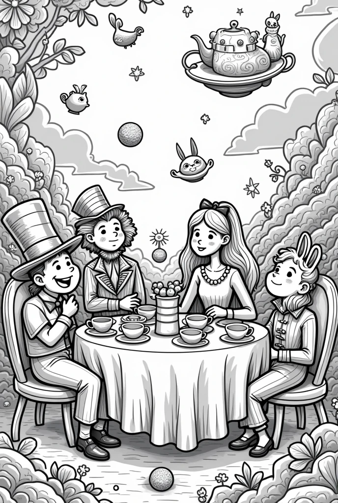 Coloring page (only lines) with the theme "Tea Party in Wonderland", Alice in Wonderland