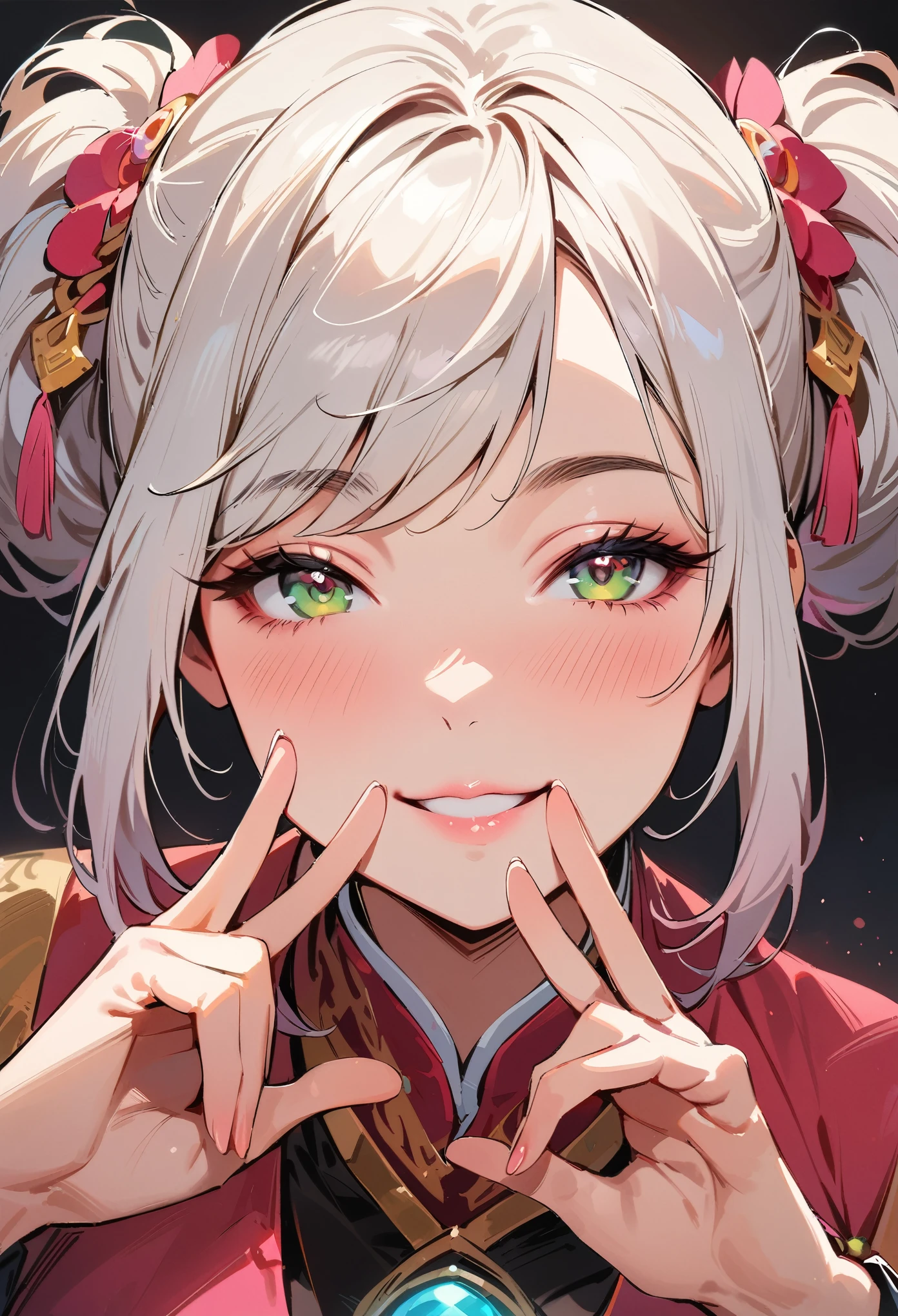 (masterpiece, best quality:1.4), 1 girl, 独奏, Colored pupils, Blurred eyes, Close your left eye, Smile, Look up and down, Pink lower lip, peace gesture, Green double ponytail hairstyle,  Royal sister, large breasts, Vest, Vision, black background.