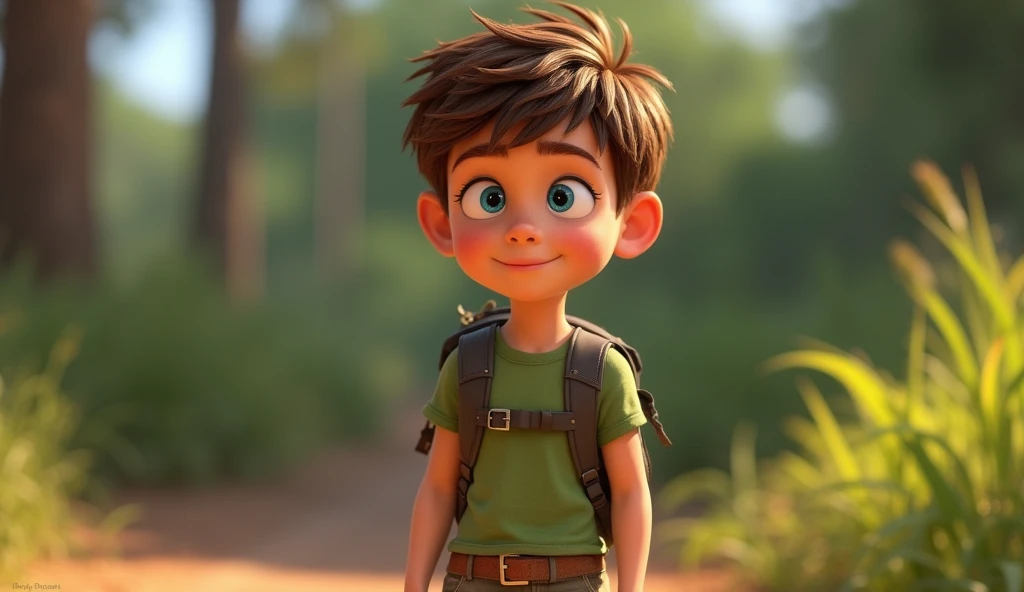 An 11 year old boy with short brown hair and curious blue eyes. He wears a green t-shirt and adventurer pants, a little dirty with dirt. Leo has a determined look on his face and carries a small backpack on his back, rendered in 3D Disney Pixar animation.