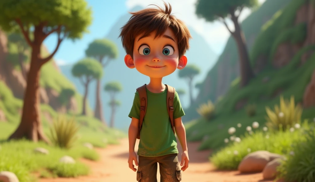 An  boy with short brown hair and curious blue eyes. He wears a green t-shirt and adventurer pants, a little dirty with dirt. Leo has a determined look on his face and carries a small backpack on his back, rendered in 3D Disney Pixar animation. 