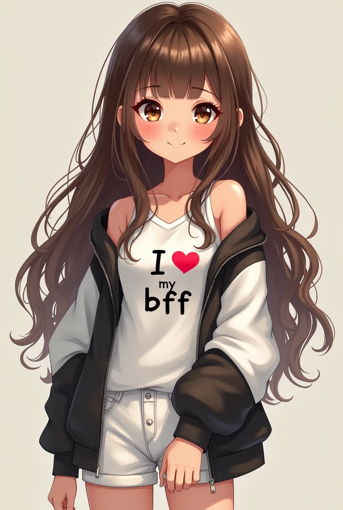 Girl with brown wavy mermaid hair Brown eyes and the shirt saying I heart my bff and white and black jacket white off shoulders and short pants in white