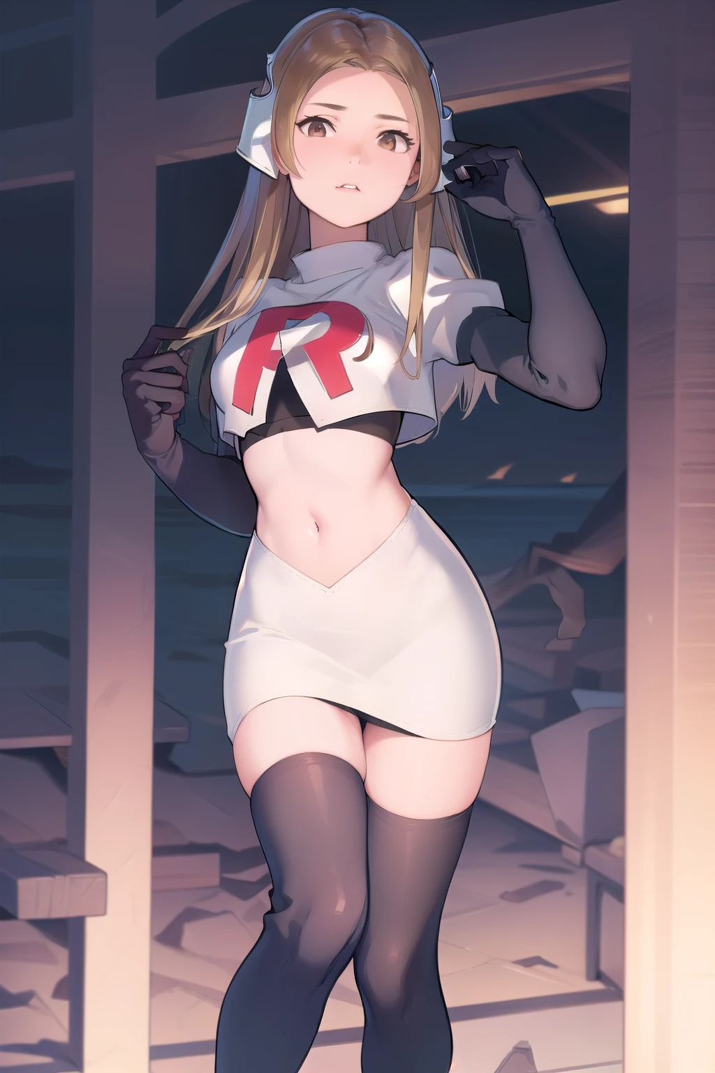 masterpiece, best quality, mathilda, brown eyes,helmet,  looking at viewer, team rocket,team rocket uniform,white skirt,red letter R,crop top,black thigh-highs,black elbow gloves