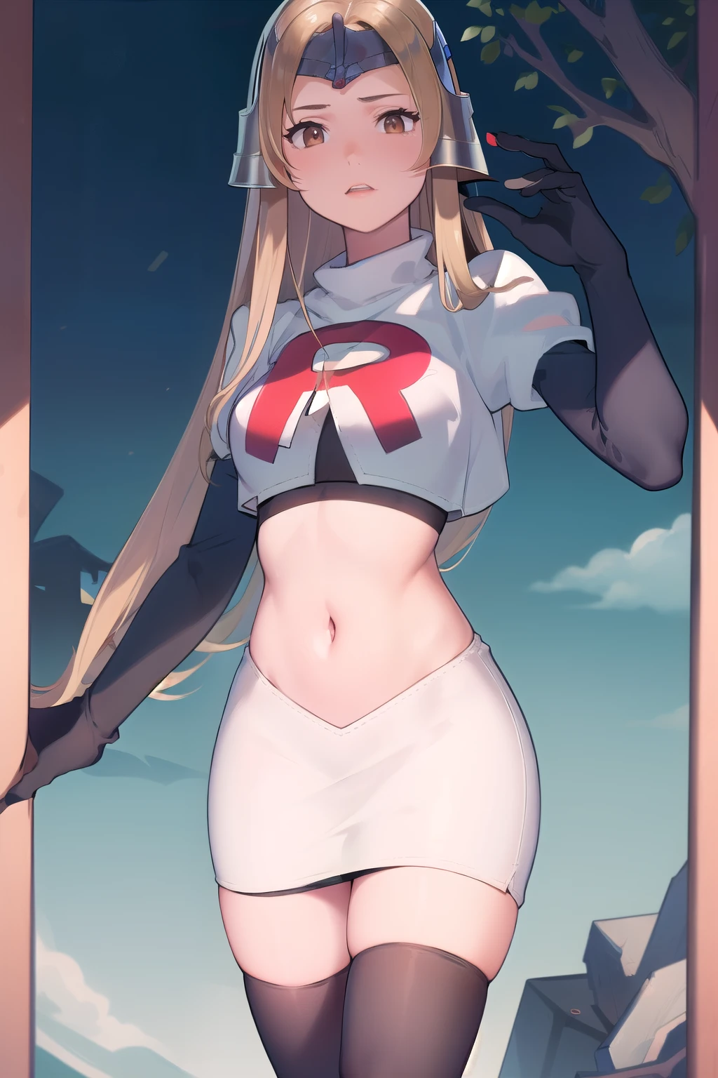 masterpiece, best quality, mathilda, brown eyes,helmet,  looking at viewer, team rocket,team rocket uniform,white skirt,red letter R,crop top,black thigh-highs,black elbow gloves