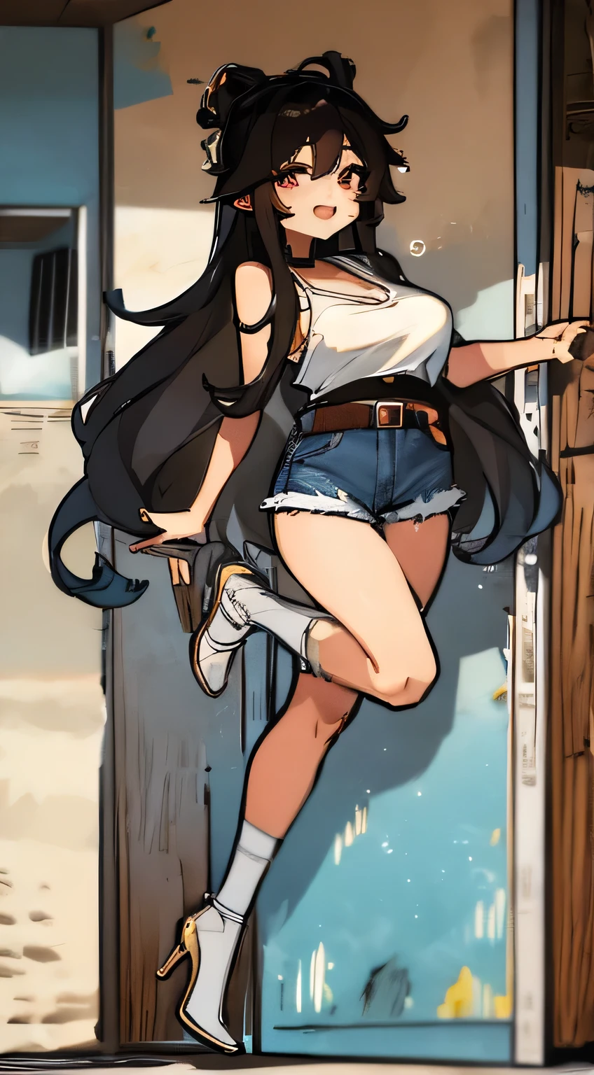 Amazing portrait of a sexy woman with long wavy black hair and a beautiful face with lots of makeup wearing a white tank top showcasing her medium chest with cleavage and denim short shorts paired with a black belt and tassels showcasing her small waist, wide hips, thick thighs and long legs emphasised by white high heels