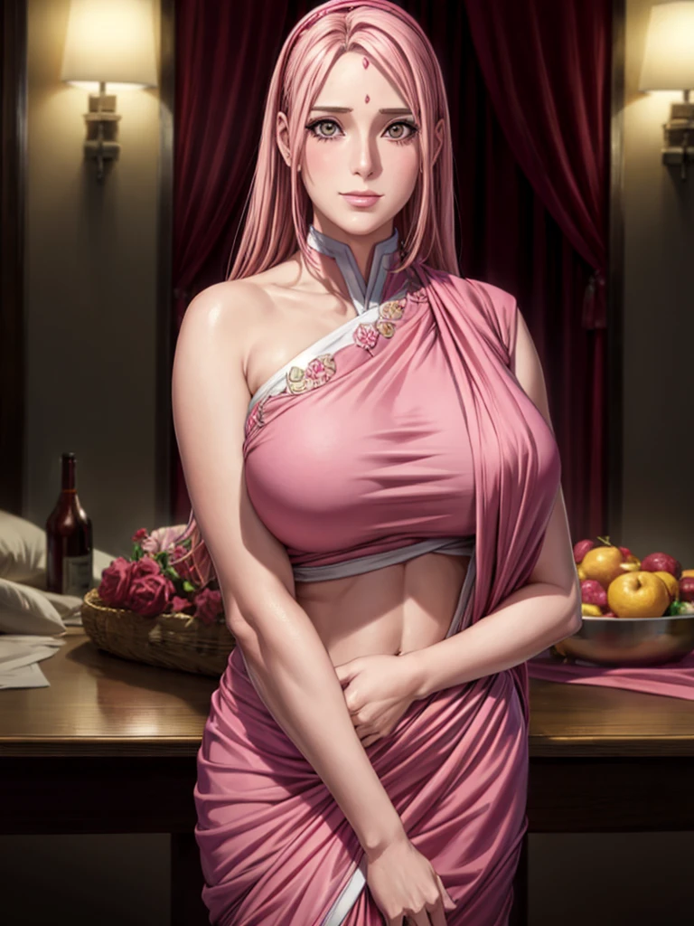 masterpiece, absurdres, sakura\(naruto\), 1girl, solo, smile, mature female, wearing indian saree,pink saree,  looking at viewelling petals), perfect composition, detailed lips, big breast, beautiful face, body proportion, blush, (pink lips), long  hair, opened hair, brown-eyed, soft gaze, super realistic, detailed, photoshoot, realistic face and body, full body picture, 16k