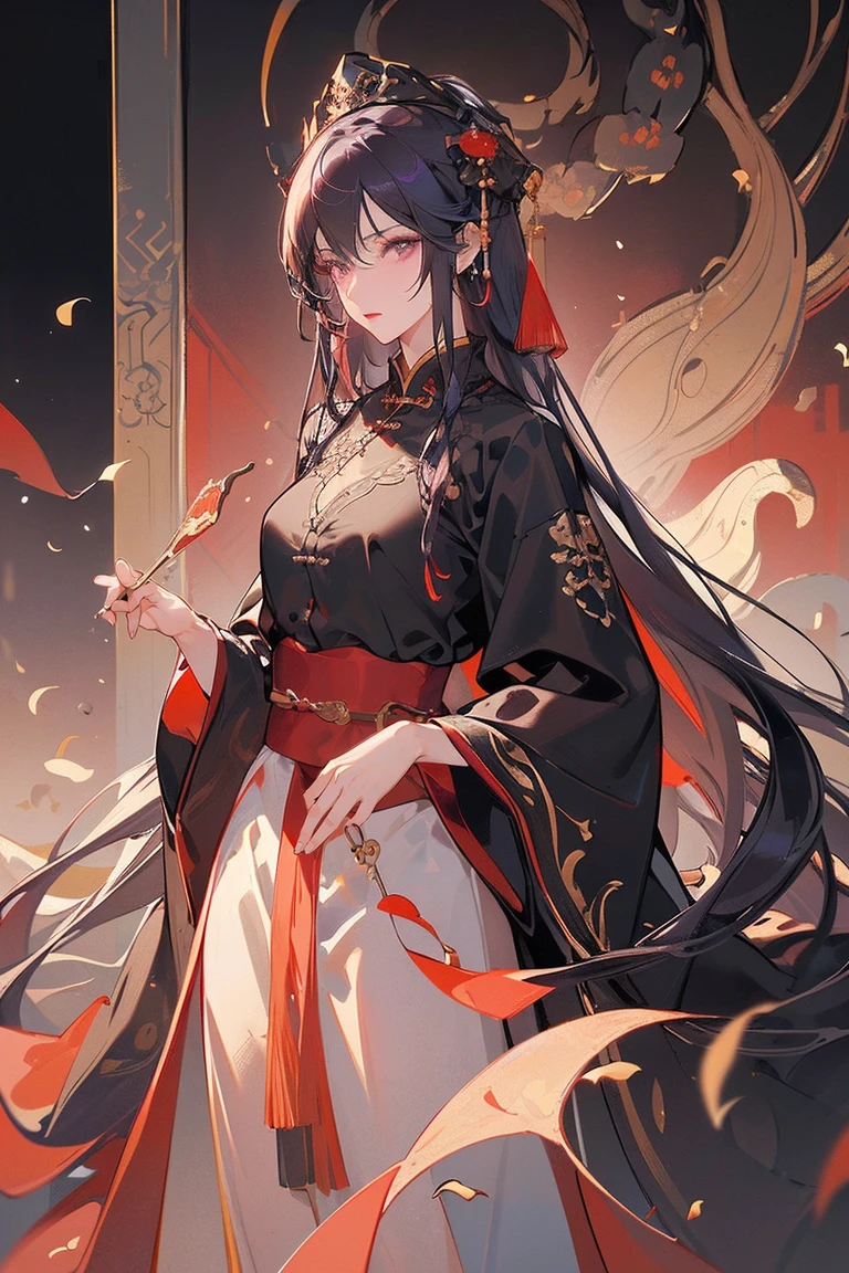 (extremely detailed 8K wallpaper),(ultra-detailed),(best quality),(masterpiece),(highly detailed),(cinematic lighting),(Original),Cold ligh,moody,(Chinese elaborate-style painting ),32K depth of field,1girl,(Queen),((image of female emperor)),((Immortal)),(long black hair),((Majestic expression)),((red clothes)), purple hair