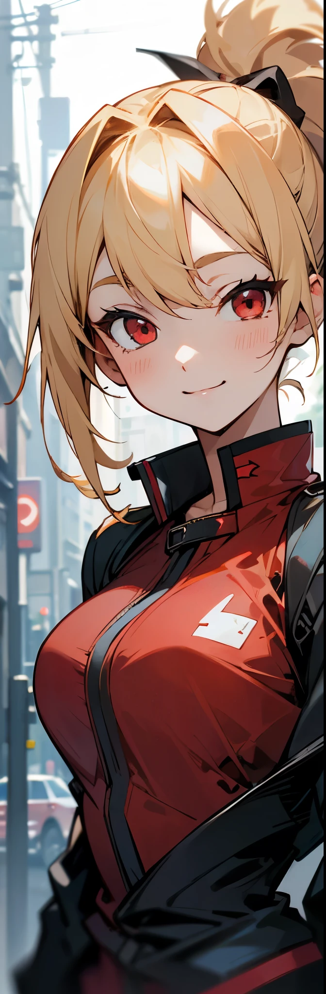 1 girl、Sharp focus、Anime-style paintings、Riders jacket、blonde、Red eyes、ponytail、gloves、smile、Upper body close-up、Standing in front of a street tree、Blur the background