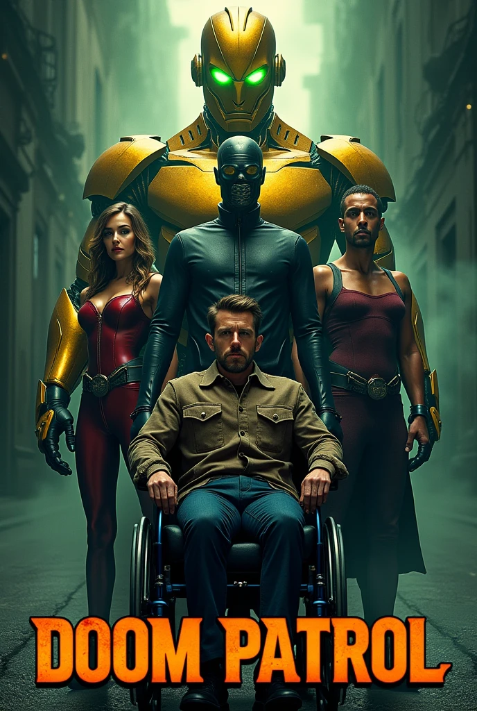 I want a movie poster I want the image to contain, a golden robot, a completely black spirit with a green aura around it behind a completely bandaged man in an aviator uniform and an elastic woman around a guy in a suit in a wheelchair and above it says in large letters, Doom patrol