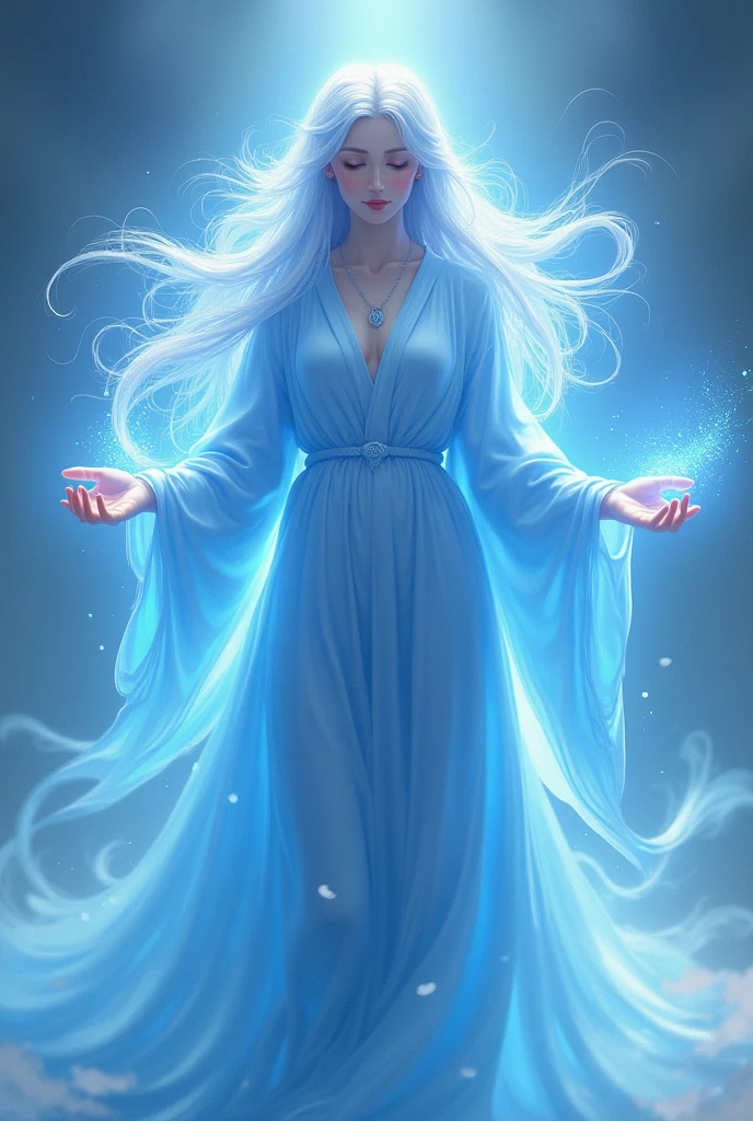 E is a gentle, soothing presence, depicted as a serene figure with flowing, blue robes that ripple like water. E has a calming expression and is surrounded by a soft blue glow, with tendrils of energy extending from their hands. E's face is tranquil, and they have long, straight hair that moves like waves in the wind.