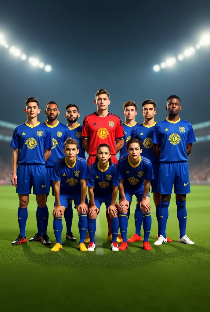 generates a soccer team formation, who have a t-shirt with the Lions International Foundation logo, as a team presentation 