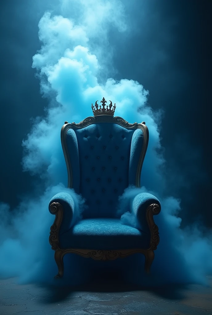 A royal chair with a crown resting on top of it and blue smoke blowing like mist behind it