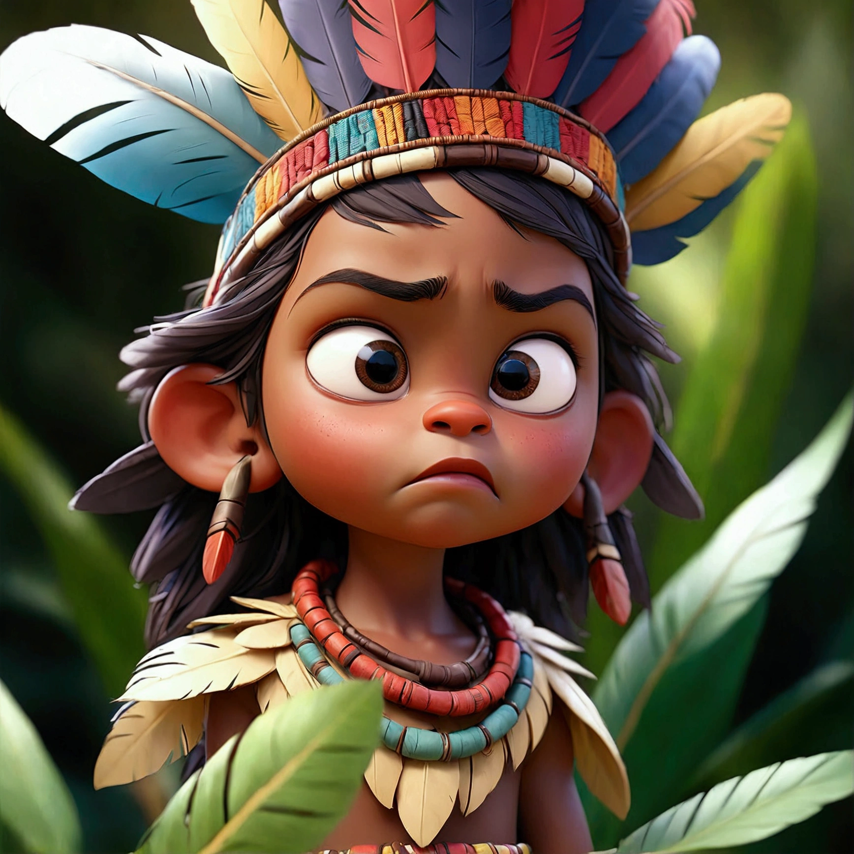 Indigenous child, 1 , high resolution, cloused mouth,, feather crown, Depth of field, film grain, cinematic lighting, fullcolor, art for açaí cup , super fullcolor, error-free drawing