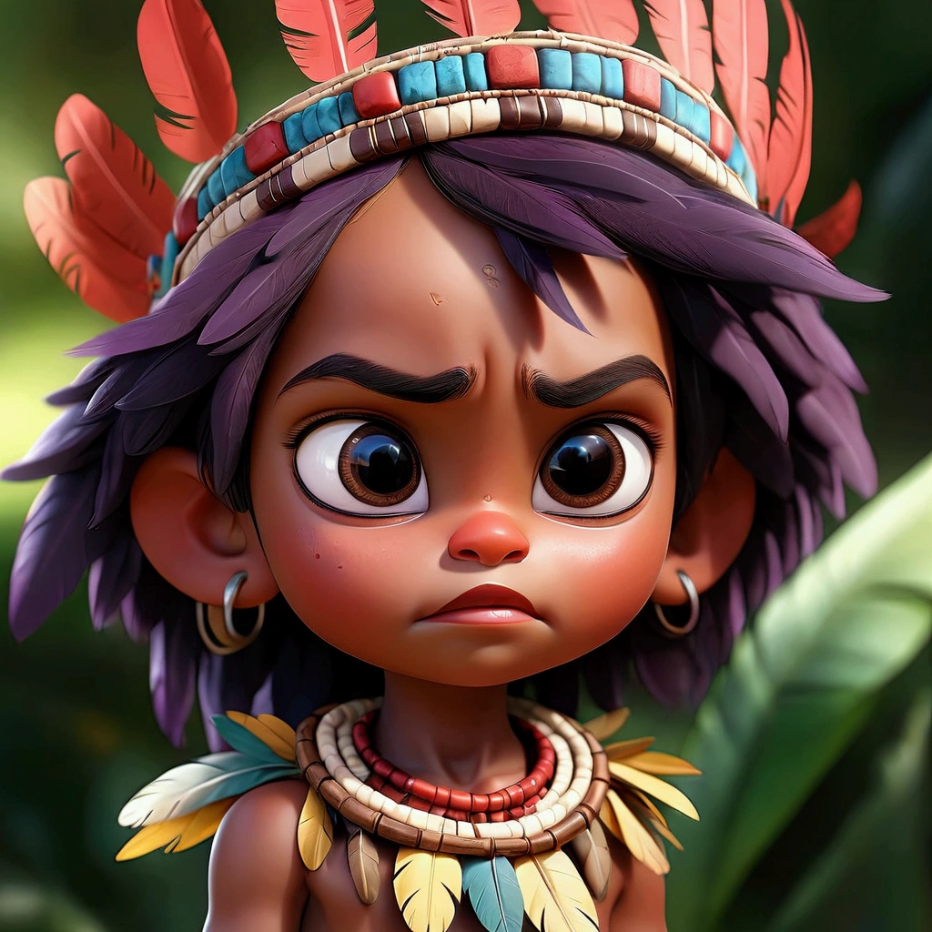Indigenous child, 1 , high resolution, cloused mouth,, feather crown, Depth of field, film grain, cinematic lighting, fullcolor, art for açaí cup , super fullcolor, error-free drawing