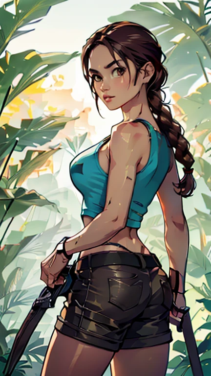 Completely naked, nude, brown nipples, vagina, labia, whorish;(sexy, eye-catching, seductive) tomb raider, (detailed, beautiful) sky blue tank top, (practical, stylish) cargo shorts, single braid  ponytail (adventurous, determined) expression on her face, (long, flowing) brown hair, (fit, athletic) physique, (confident, powerful) posture, (visually stunning, vibrant) jungle background, (sunlight streaming through the trees, casting dramatic shadows), (crumbling ancient ruins in the distance), (mystical, hidden) artifacts, (exotic, dangerous) wildlife, (authentic, photorealistic) art style, (vivid, saturated) colors, (dynamic, dramatic) lighting, (best quality, high-res) image, (ultra-detailed, sharp focus) on the character, (professionally rendered, realistic) textures, (bokeh) effect for depth of field, no tattoos, huge round breasts, r view, ass view, show butt, short shorts