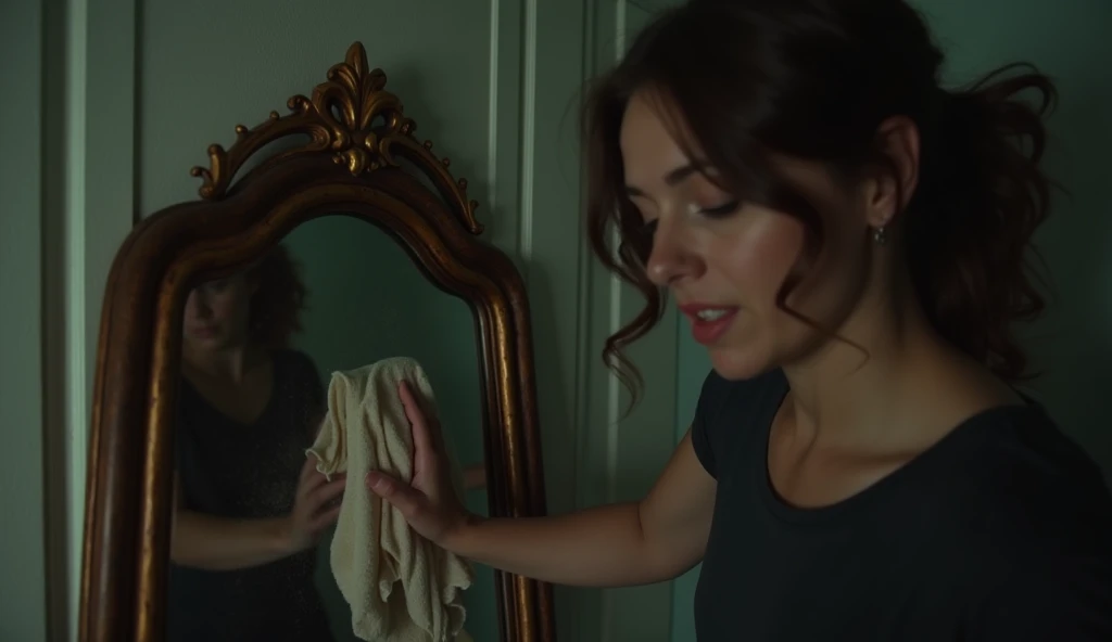 A dimly lit room with an antique mirror standing against the wall, covered partially with a dusty cloth. A young woman is seen cleaning it, with a slightly uneasy expression.