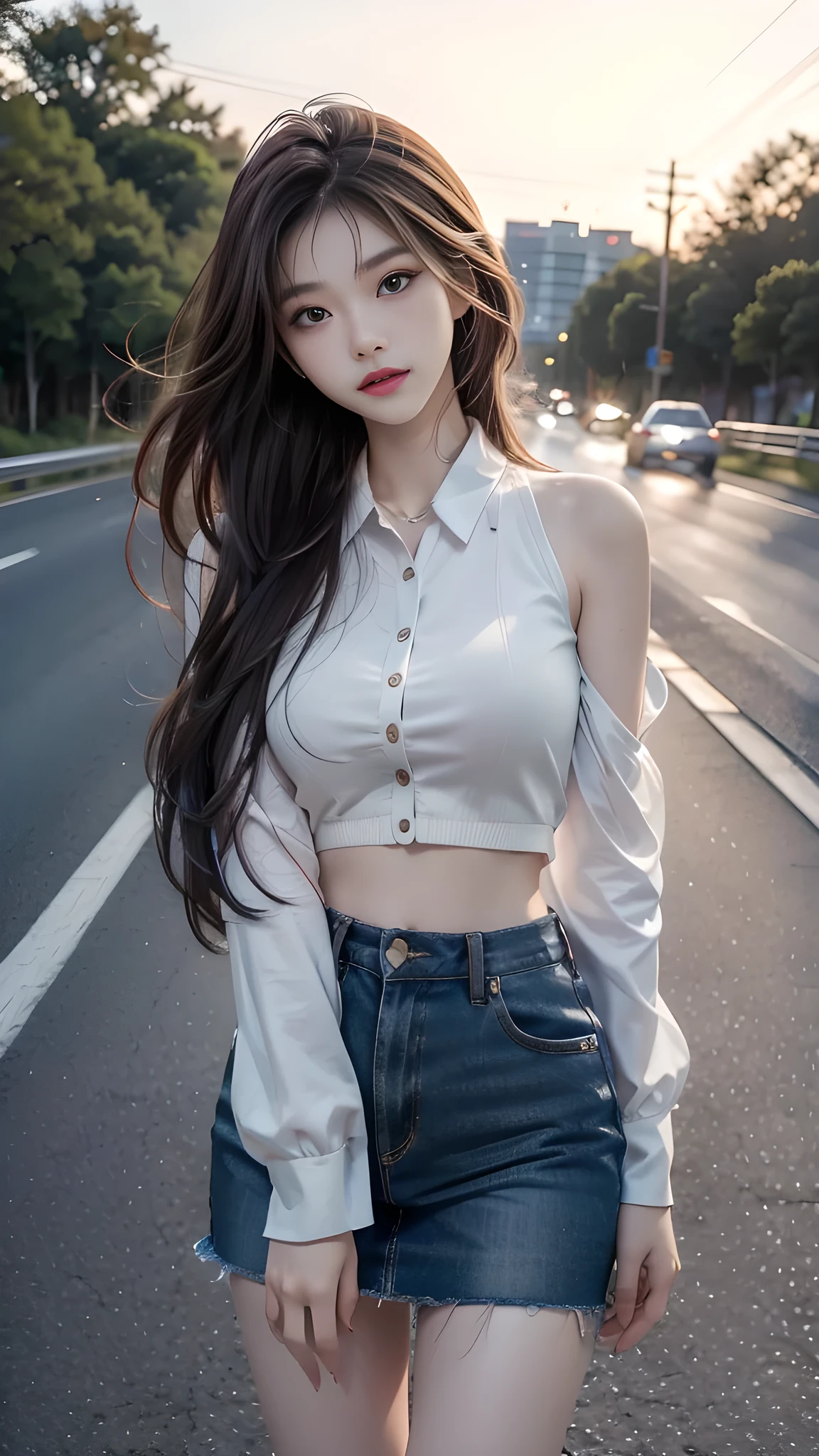 ulzzang-6500-v1.1, (RAW photo: 1.2), (Real photo), (Real photo: 1.4), 1 girl、Perfect anatomy、19 years old、Looking at the camera、Medium length hair, On the highway, the road is empty, the sky is at dusk and the moon and stars have begun to appear, ((on the highway: 1.1)), (clothes: 1.2), (Business service)、Asian eyes Ella,