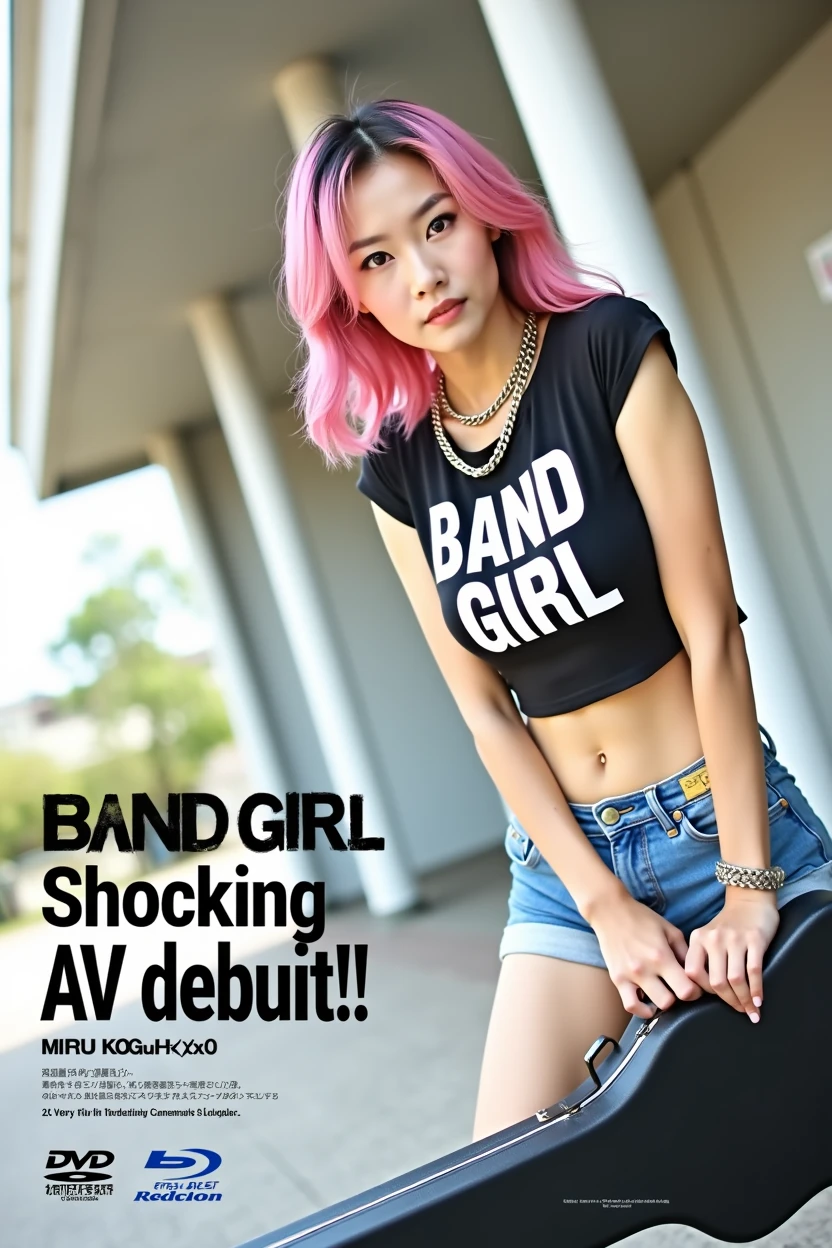 ((((Woman's ridiculously large breasts change, slender curves, big , big breasts, big , super beautiful woman, whip-smacking body)))), adult video poster layout, text on screen: "BAND GIRL Shocking AV debut!! ★  MIRU KOGURE   ",(((Japanese woman with large black guitar case)))), 26 year old adult woman wearing black crew neck top with large English letters on her chest and short blue jeans posing for a photo shoot, big breasted female porn actor, dynamic pose, rock music magazine model pose,. Japanese female fashion model, (((very bright pink hair))), happy expression, thick chain accessories on neck and arms, (((in front of Asakusa strip theater))), pure beautiful smile, intelligent face, slender curves, large breasts, wearing black t-shirt, small leather jacket Wearing black T-shirt, very small leather jacket, denim shorts, (((extreme low angle))), null, Bill, holding black guitar case with guitar strap, (((DVD mark, Blu-ray mark))).