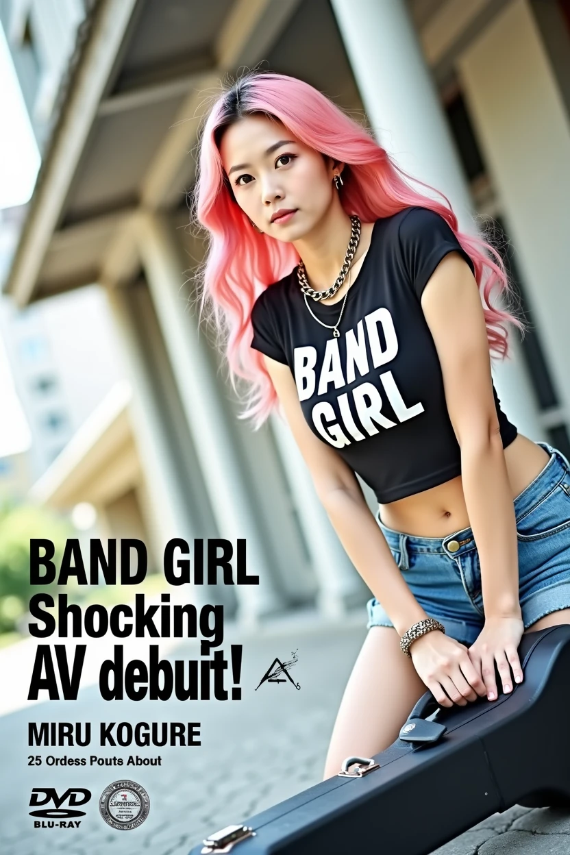((((Woman's ridiculously large breasts change, slender curves, big , big breasts, big , super beautiful woman, whip-smacking body)))), adult video poster layout, text on screen: "BAND GIRL Shocking AV debut!! ★ MIRU KOGURE ",(((Japanese woman with large black guitar case)))), 26 year old adult woman wearing black crew neck top with large English letters on her chest and short blue jeans posing for a photo shoot, big breasted female porn actor, dynamic pose, rock music magazine model pose,. Japanese female fashion model, (((very bright pink hair))), happy expression, thick chain accessories on neck and arms, (((in front of Asakusa strip theater))), pure beautiful smile, intelligent face, slender curves, large breasts, wearing black t-shirt, small leather jacket Wearing black T-shirt, very small leather jacket, denim shorts, (((extreme low angle))), null, Bill, holding black guitar case with guitar strap, (((DVD mark, Blu-ray mark))).