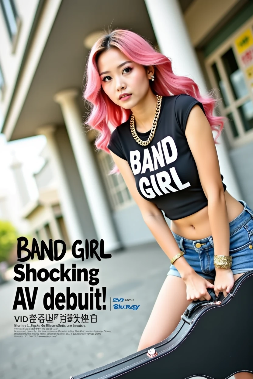 ((((Woman's ridiculously large breasts change, slender curves, big , big breasts, big , super beautiful woman, whip-smacking body)))), adult video poster layout, text on screen: "BAND GIRL Shocking AV debut!! ★ MIRU KOGURE ",(((Japanese woman with large black guitar case)))), 26 year old adult woman wearing black crew neck top with large English letters on her chest and short blue jeans posing for a photo shoot, big breasted female porn actor, dynamic pose, rock music magazine model pose,. Japanese female fashion model, (((very bright pink hair))), happy expression, thick chain accessories on neck and arms, (((in front of Asakusa strip theater))), pure beautiful smile, intelligent face, slender curves, large breasts, wearing black t-shirt, small leather jacket Wearing black T-shirt, very small leather jacket, denim shorts, (((extreme low angle))), null, Bill, holding black guitar case with guitar strap, (((DVD mark, Blu-ray mark))).
